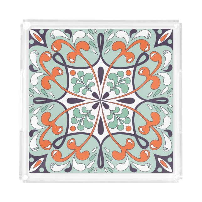 Oriental Moroccan Tile Floral Design Acrylic Tray (Front)