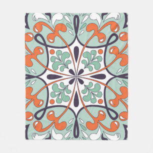 Oriental Moroccan Tile Floral Design Fleece Blanket