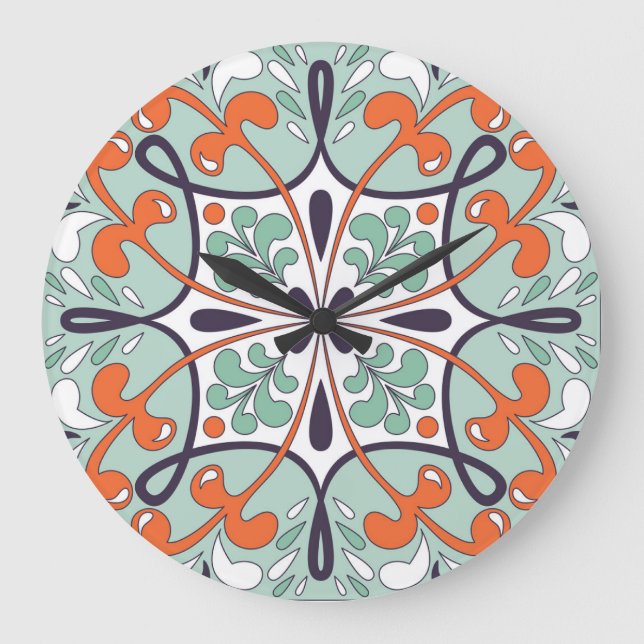 Oriental Moroccan Tile Floral Design Large Clock (Front)