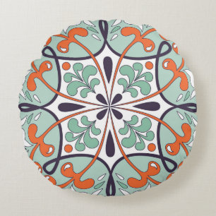 Oriental Moroccan Tile Floral Design Round Pillow