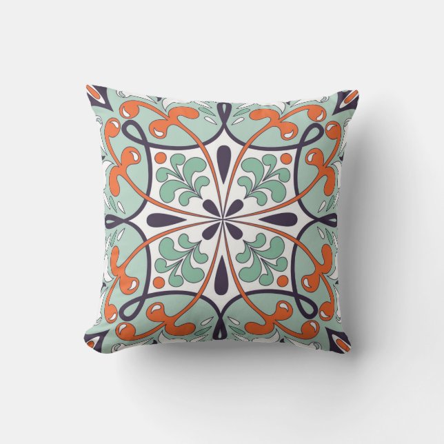 Oriental Moroccan Tile Floral Design Throw Pillow (Front)