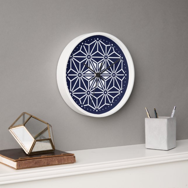Oriental Navy Blue White Asanoha Japan Pattern Clock (Office)
