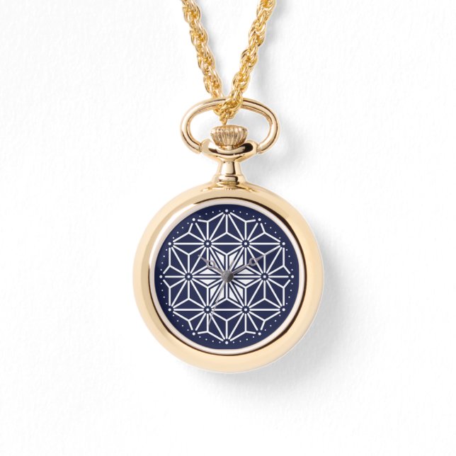 Oriental Navy Blue White Asanoha Japanese Style Watch (Front)