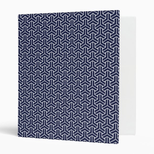 Oriental Navy Blue White Japan Bishamon Pattern 3 Ring Binder (Front/Inside)