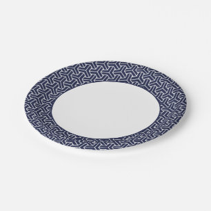 Oriental Navy Blue White Japan Bishamon Pattern Paper Plates