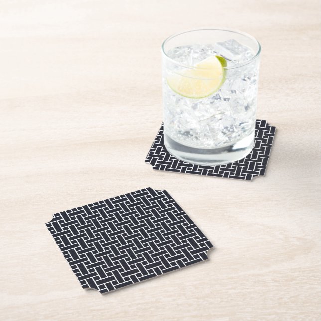 Oriental Navy Blue White Japan Weaving Pattern Paper Coaster (Insitu)