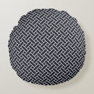 Oriental Navy Blue White Japan Weaving Pattern Round Pillow