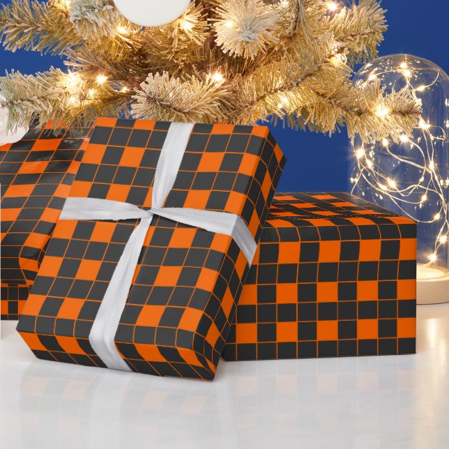 Oriental Orange Grey Japan Geometric Checkered Wrapping Paper (Holidays)