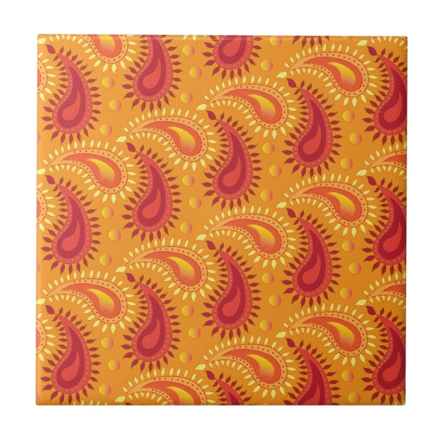 Oriental Orange Persian Paisley Pattern Ceramic Tile (Front)