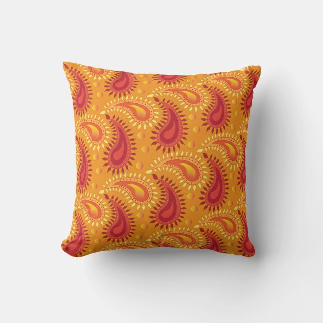 Oriental Orange Persian Paisley Pattern Throw Pillow (Front)