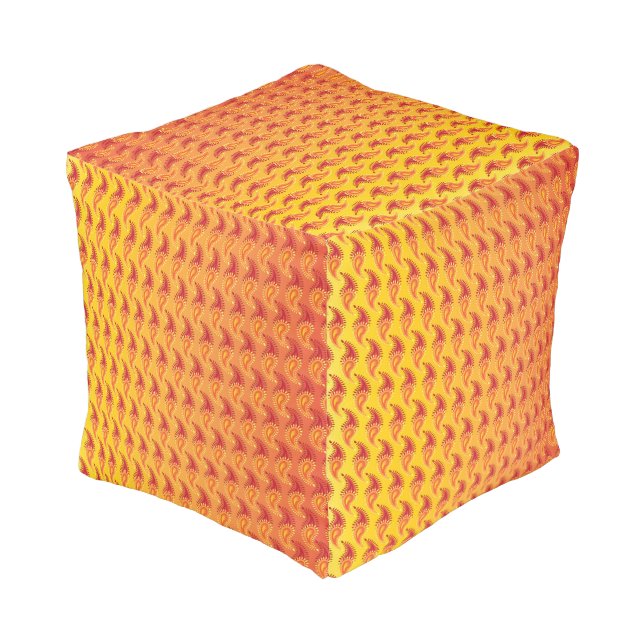 Oriental Orange Twin flame Persian Paisley Pattern Pouf (Angled Back)