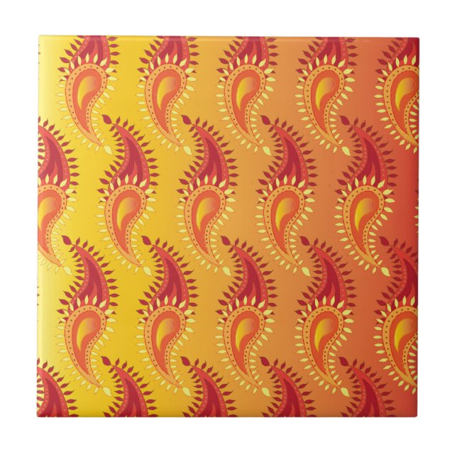 Oriental Orange Twin flame Persian Paisley Pattern Tile (Front)