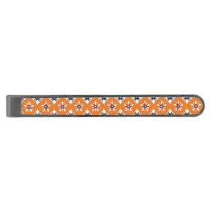 Oriental Orange White Red Katazome Flowers Pattern Gunmetal Finish Tie Bar