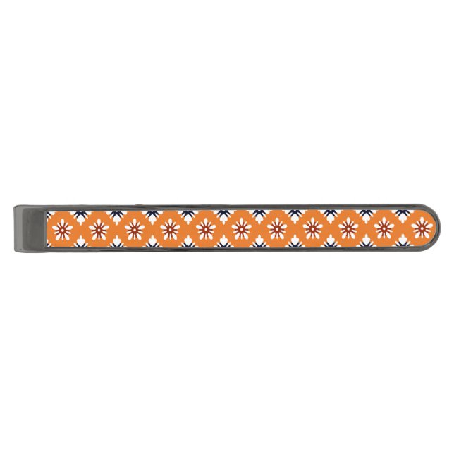 Oriental Orange White Red Katazome Flowers Pattern Gunmetal Finish Tie Bar (Front)