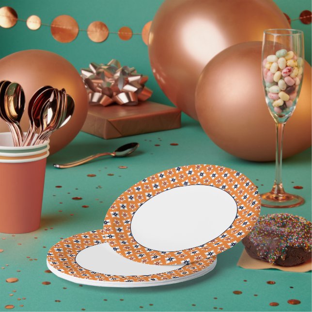 Oriental Orange White Red Katazome Flowers Pattern Paper Plates (Multi)