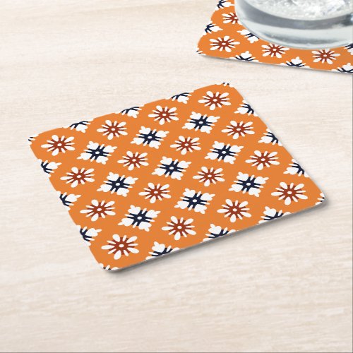 Oriental Orange White Red Katazome Flowers Pattern Square Paper Coaster