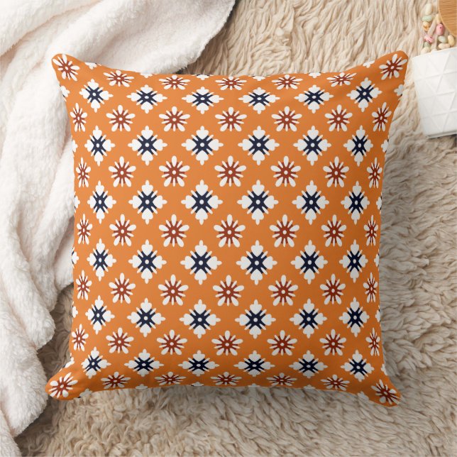 Oriental Orange White Red Katazome Flowers Pattern Throw Pillow (Blanket)