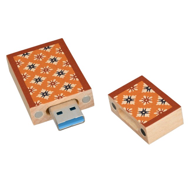 Oriental Orange White Red Katazome Flowers Pattern Wood Flash Drive (Angled)