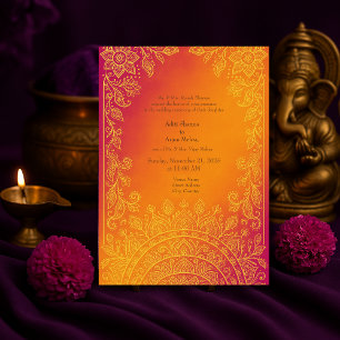 oriental orange yellow Sunset Mandala Wedding Invitation