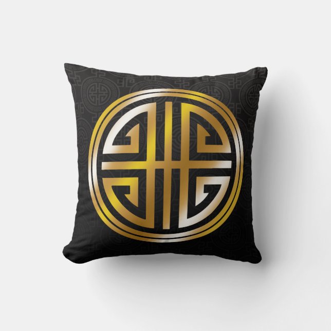 Oriental Ornamental Long Life Symbol | black gold Throw Pillow (Front)