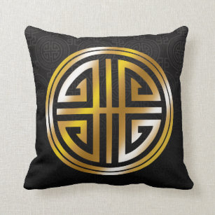 Oriental Ornamental Long Life Symbol   black gold Throw Pillow