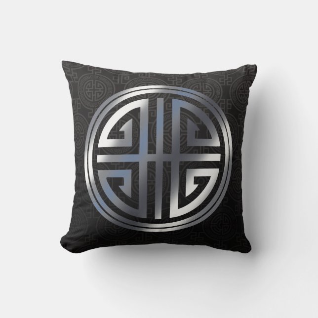 Oriental Ornamental Long Life Symbol black silver Throw Pillow (Front)