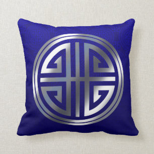 Oriental Ornamental Long Life Symbol cobalt silver Throw Pillow