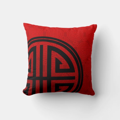 Oriental Ornamental Long Life Symbol  red black Throw Pillow