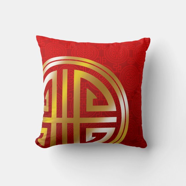 Oriental Ornamental Long Life Symbol | red gold Throw Pillow (Front)