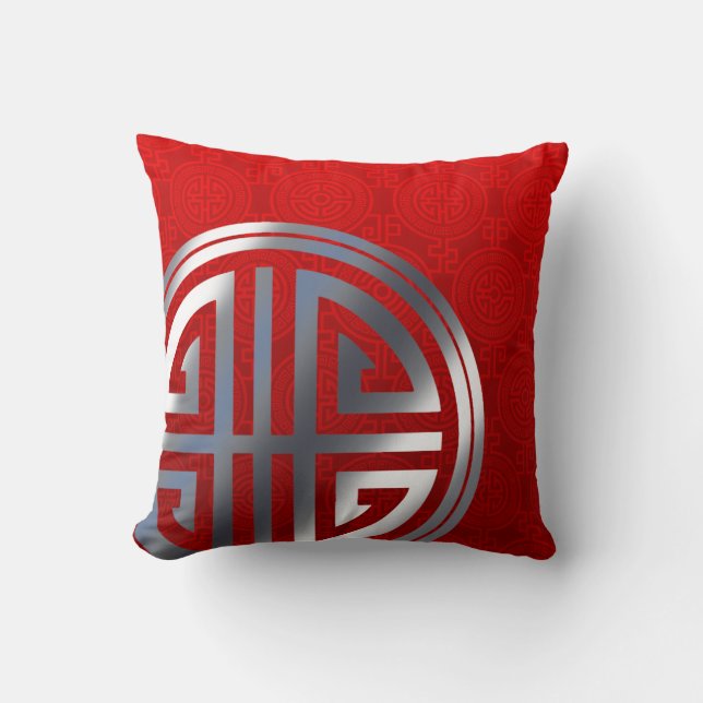 Oriental Ornamental Long Life Symbol | red silver Throw Pillow (Front)