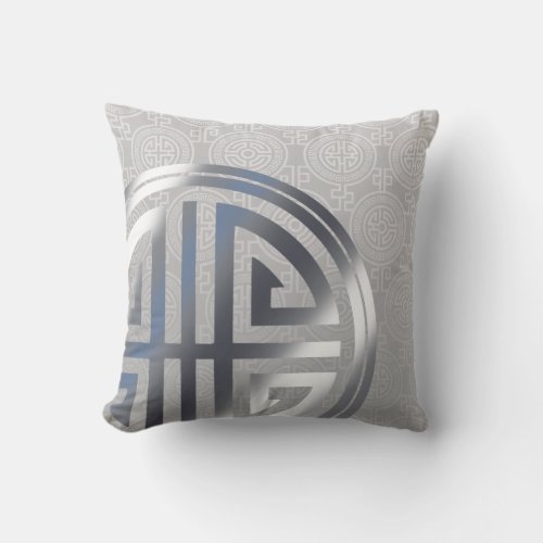 Oriental Ornamental Long Life Symbol silver gray Throw Pillow