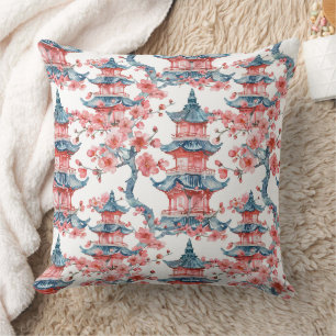 Oriental Pagoda Sakura Blossom Red Art Throw Pillow