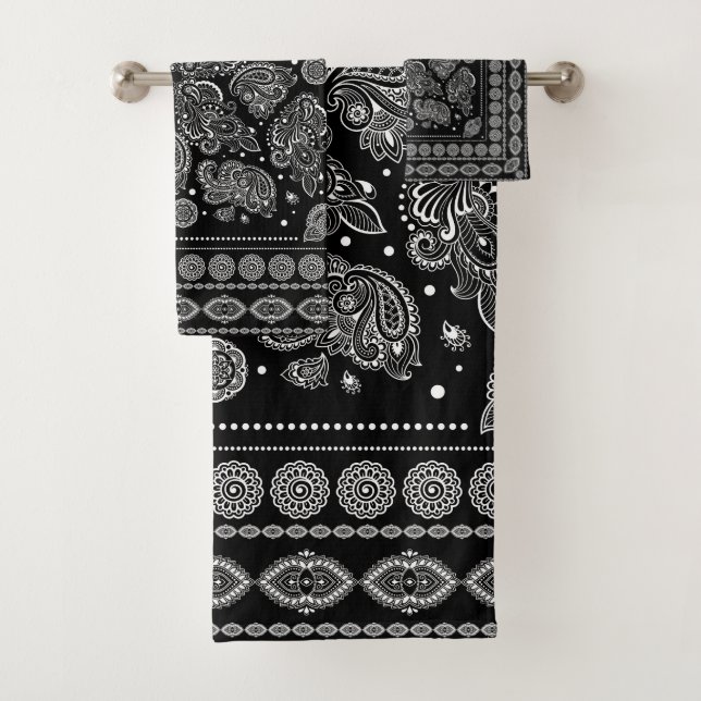 Oriental Paisley Ornament Black and White Bath Towel Set (Insitu)