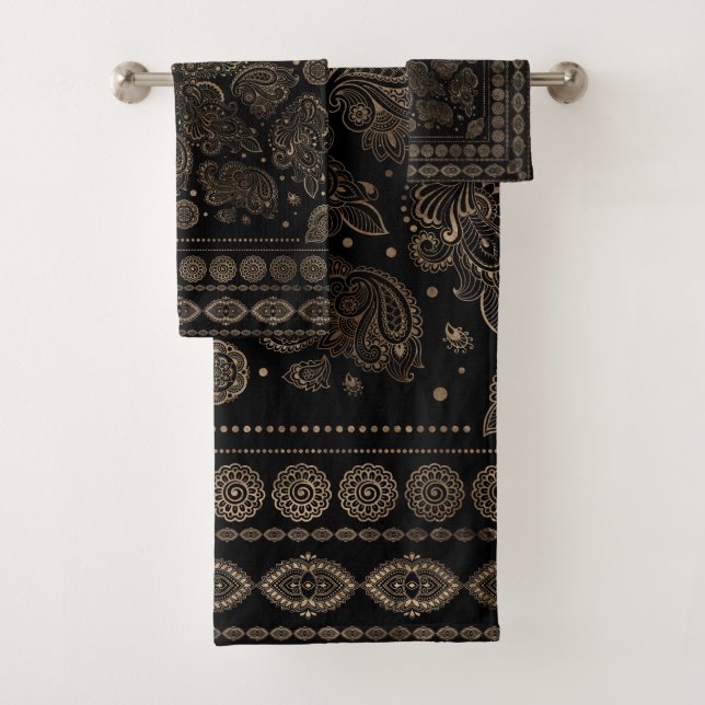 Oriental Paisley Ornament Gold on Black Bath Towel Set (Insitu)