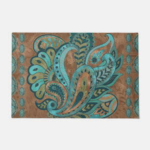 Oriental Paisley Pattern Watercolor and Gold Doormat