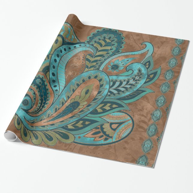 Oriental Paisley Pattern Watercolor and Gold Wrapping Paper (Unrolled)