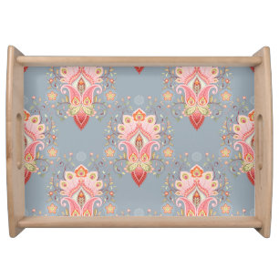 Oriental Paisley Peacock Feather Background Serving Tray