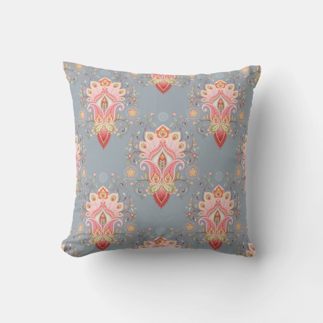 Oriental Paisley Peacock Feather Background Throw Pillow (Front)