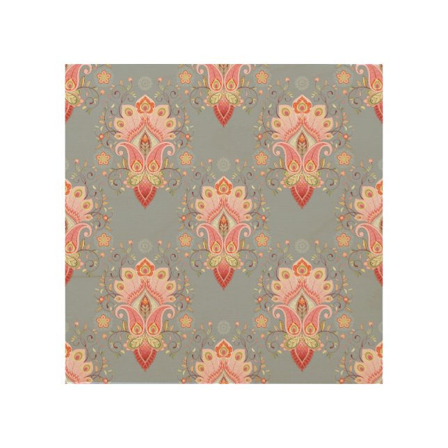 Oriental Paisley Peacock Feather Background Wood Wall Art (Front)