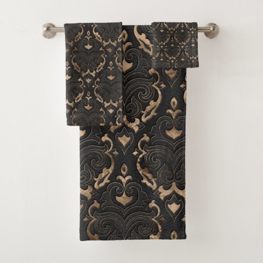 Oriental Pattern Black Leather and gold Bath Towel Set