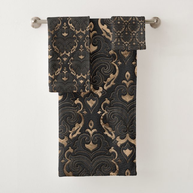 Oriental Pattern - Black Leather and gold Bath Towel Set (Insitu)