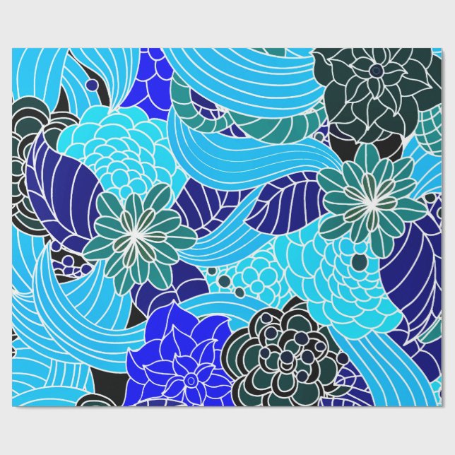 Oriental Pattern in Blue Shades Wrapping Paper (Flat)
