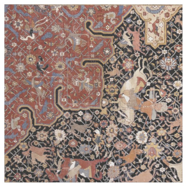 Oriental Persian Hunting Rug Print Pattern Fabric (Close Up)
