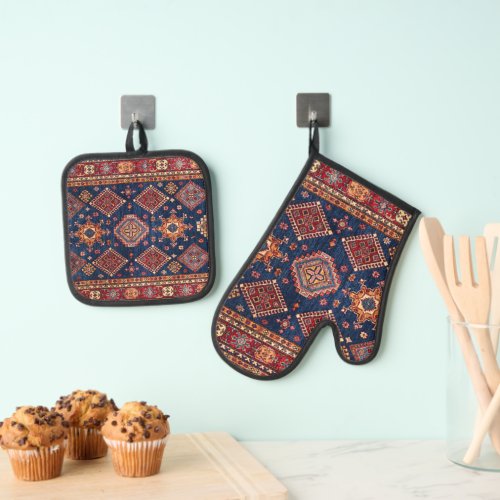 Oriental Persian Turkish Rug Pattern Oven Mitt  Pot Holder Set