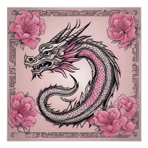Oriental Pink Dragon with Flowers  Poster