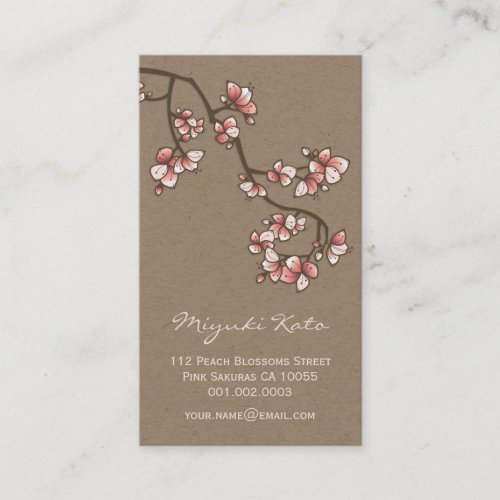 Oriental Pink Peach Blossoms Elegant Sakura Kraft Business Card