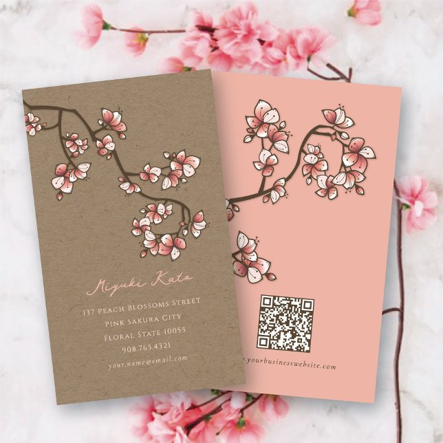 Oriental Pink Peach Blossoms Elegant Sakura Kraft Business Card (Oriental Pink Peach Blossoms Elegant Sakura Spring Flowers Kraft Business/Profile Card @ fat_fa_tin)