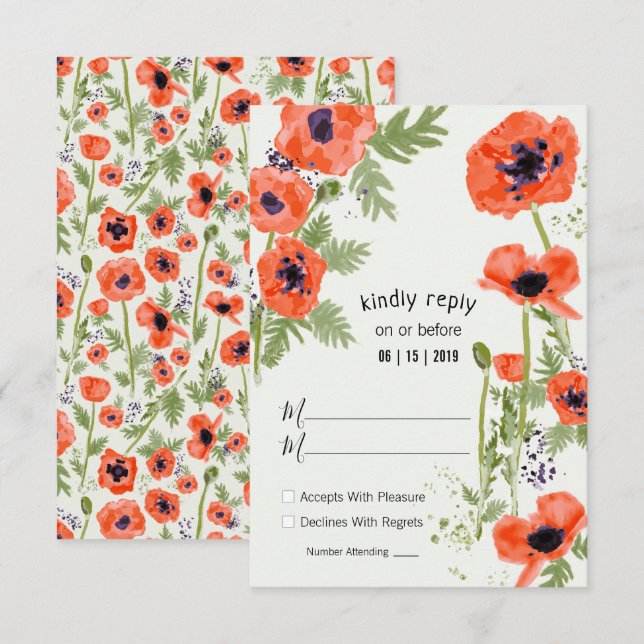 Oriental Poppies Floral Watercolor Pattern RSVP Card (Front/Back)