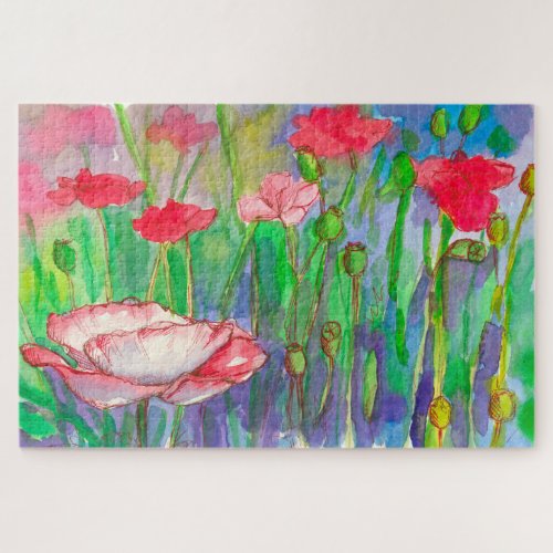 Oriental Poppy Flower Garden Watercolor Painting Jigsaw Puzzle