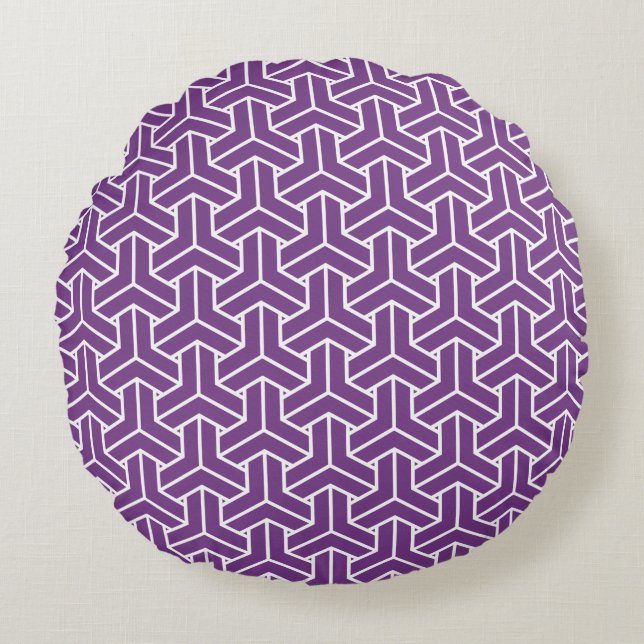 Oriental Purple White Ayame Japan Bishamon Pattern Round Pillow (Front)